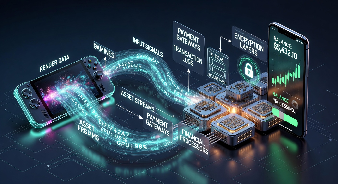 Illustration of data pathways connecting gaming engines to financial processors on portable devices