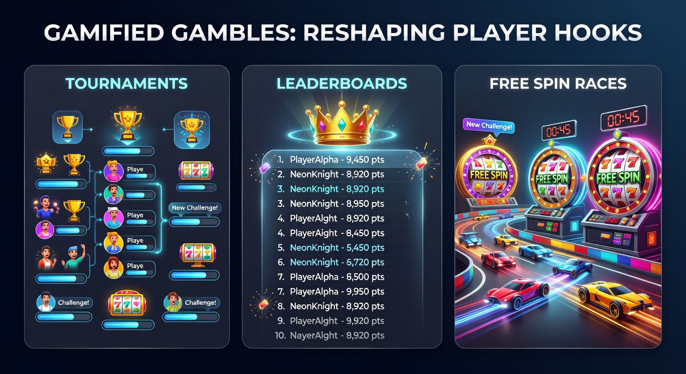 Vibrant online casino leaderboard displaying top players in a tournament with spinning reels and prize badges