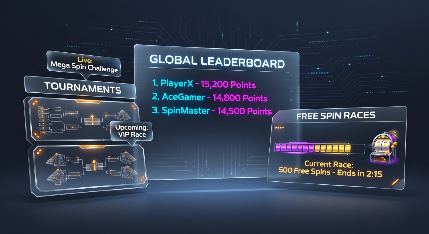 Dynamic screenshot of a free spin race interface with timer, player rankings, and colorful slot symbols racing across the screen