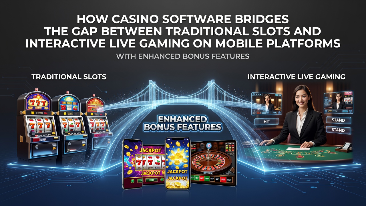 Casino software interface displaying seamless integration between digital slot reels and live dealer tables on a mobile screen with bonus indicators