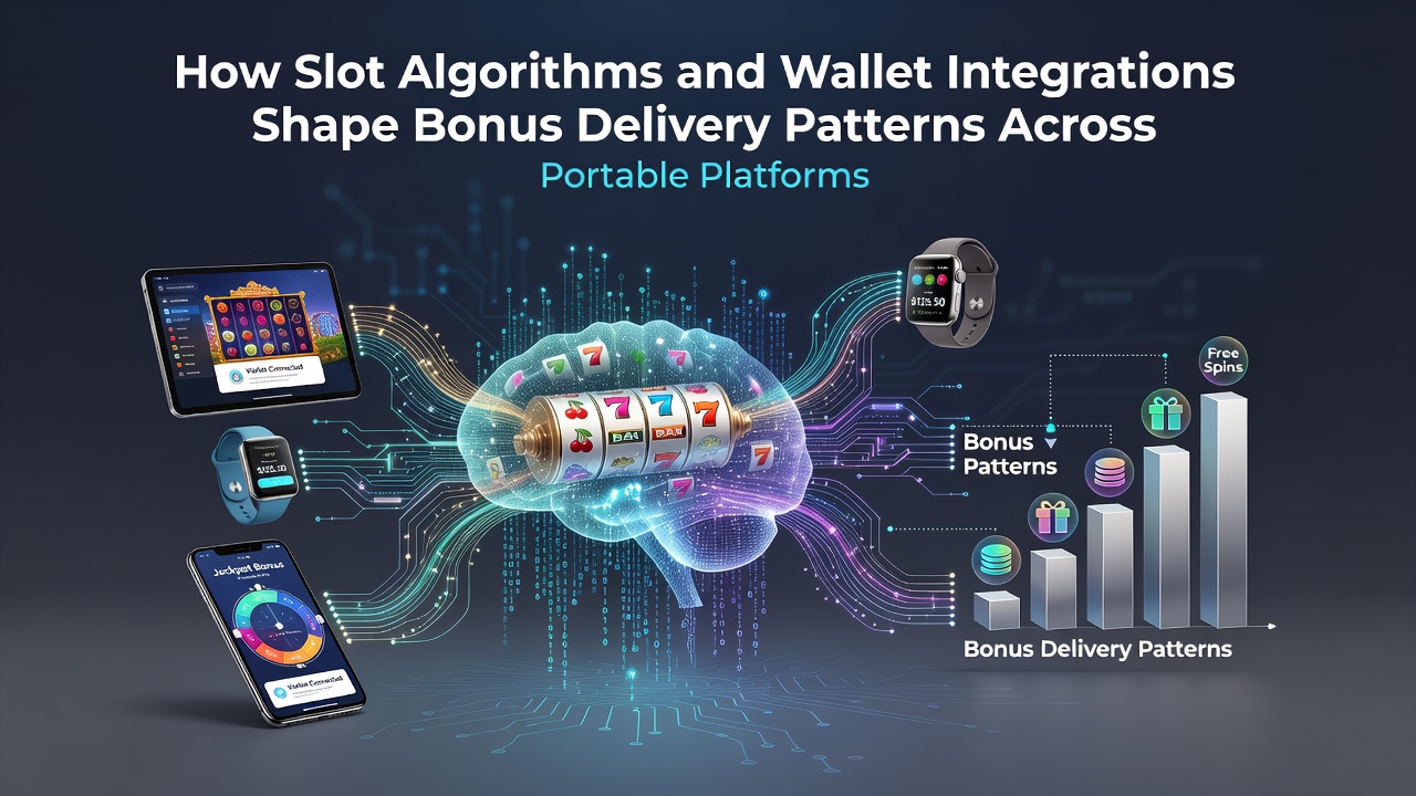 Mobile slot game interface displaying algorithmic bonus triggers and digital wallet integration icons on a portable device screen