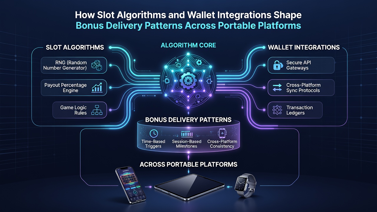 Illustration of connected slot algorithm nodes and e-wallet payment flows influencing bonus activation timelines on mobile interfaces