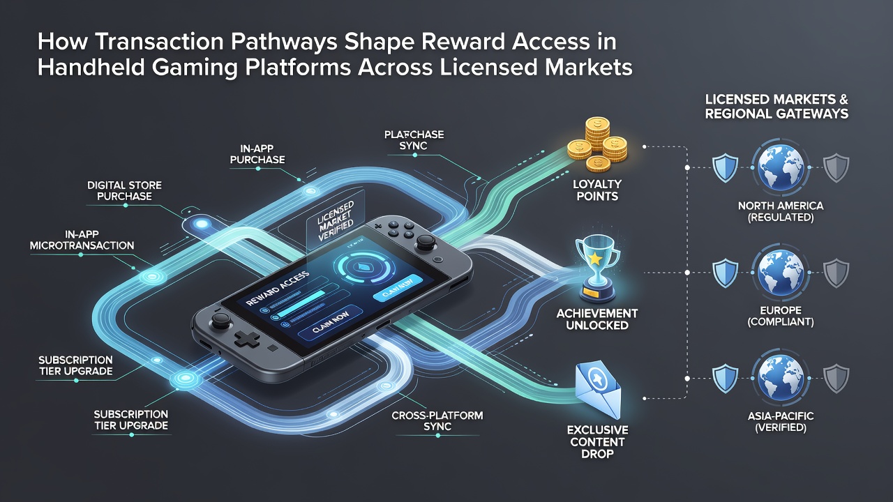 Illustration of mobile gaming interface showing reward access influenced by transaction routes in licensed markets