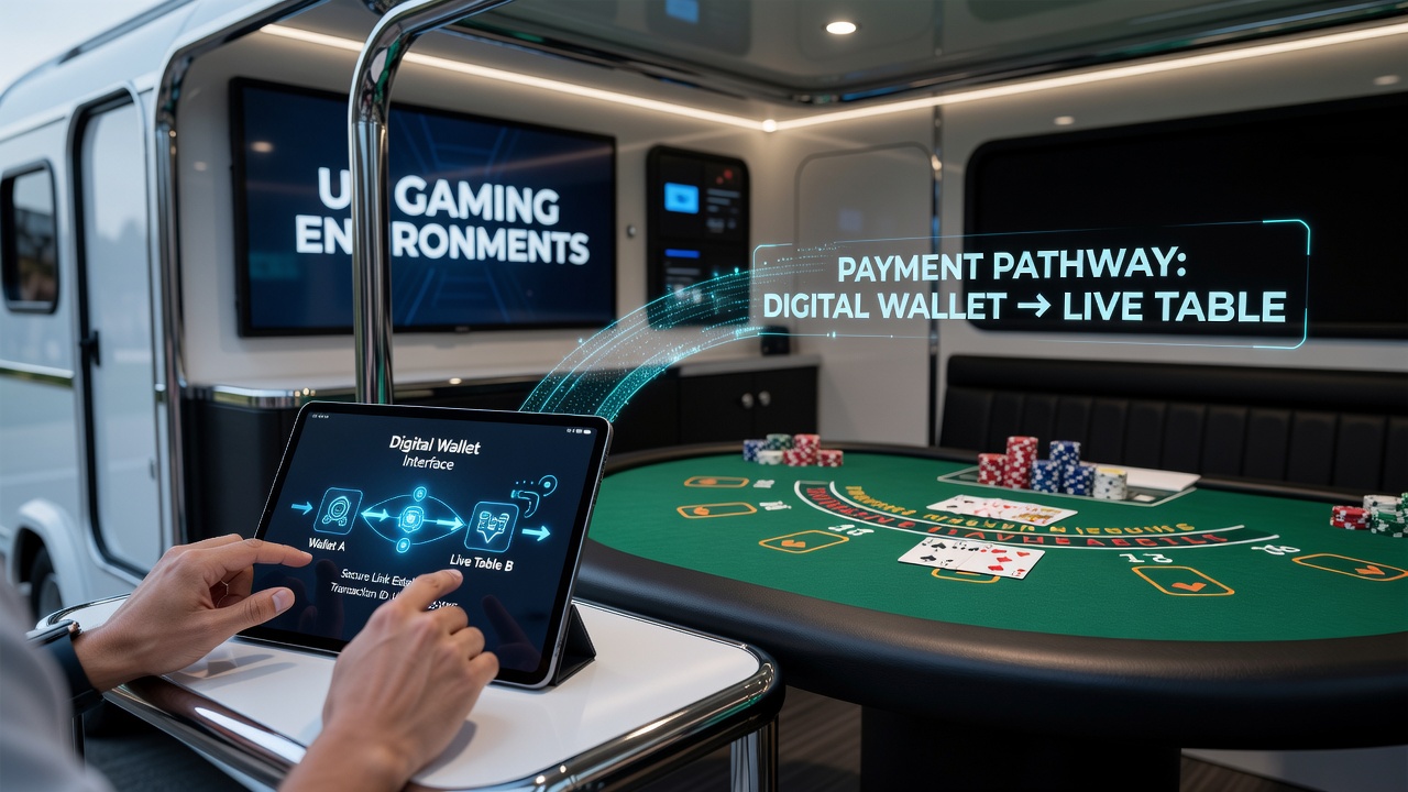 Digital wallet interface connecting to live dealer tables on portable UK gaming devices showing real-time transaction flow