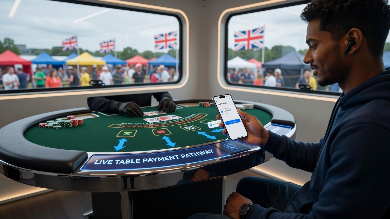 Portable device displaying live table interface with digital wallet payment confirmation in UK gaming app