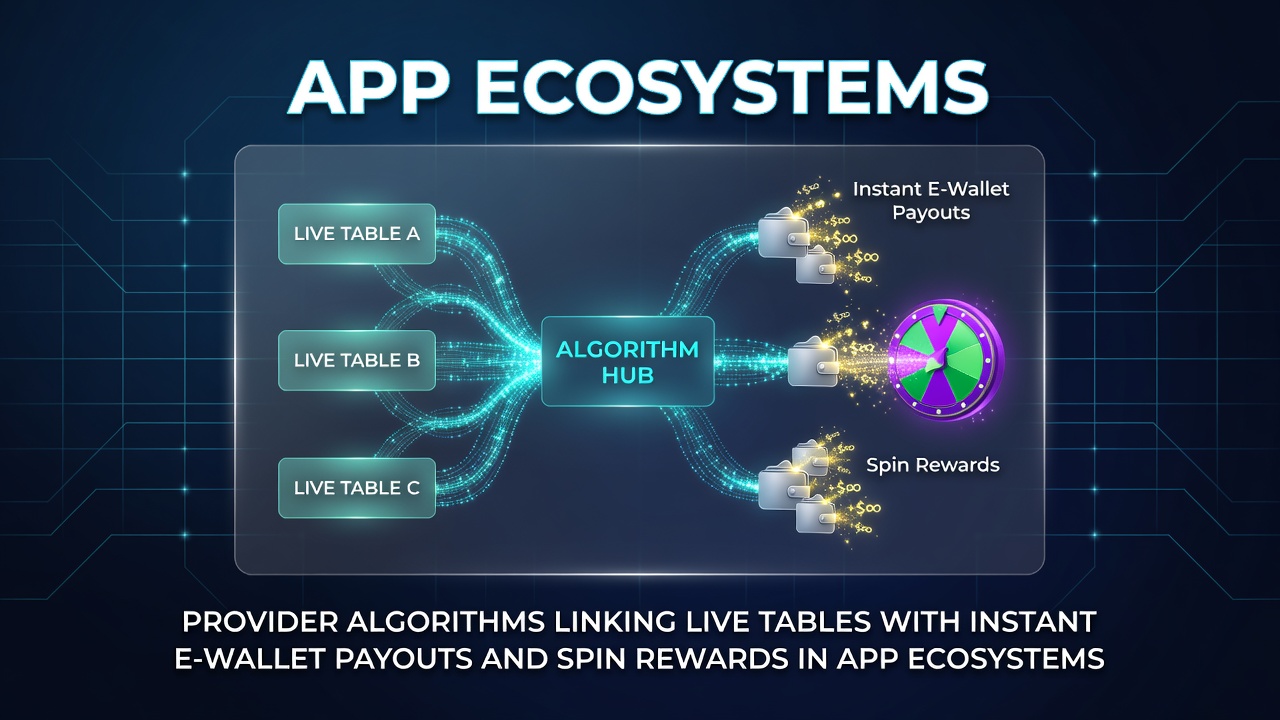 Diagram showing provider algorithms connecting live casino tables with e-wallet systems and spin reward mechanisms in mobile apps
