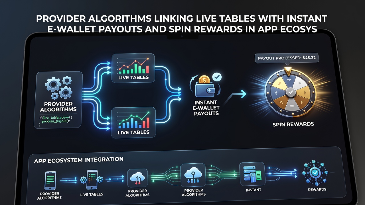 Illustration of mobile app interface displaying live table connection, e-wallet payout confirmation, and accumulated spin rewards