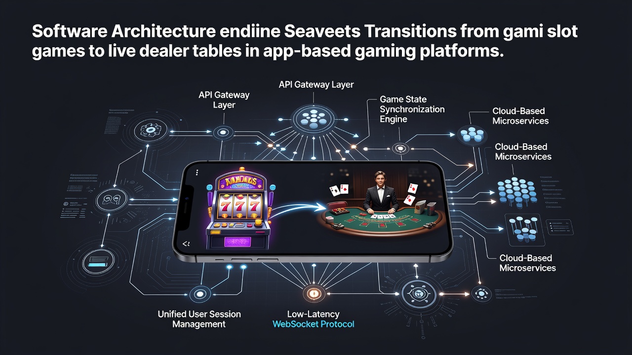 Diagram illustrating layered software architecture connecting slot engines and live dealer streams in mobile apps