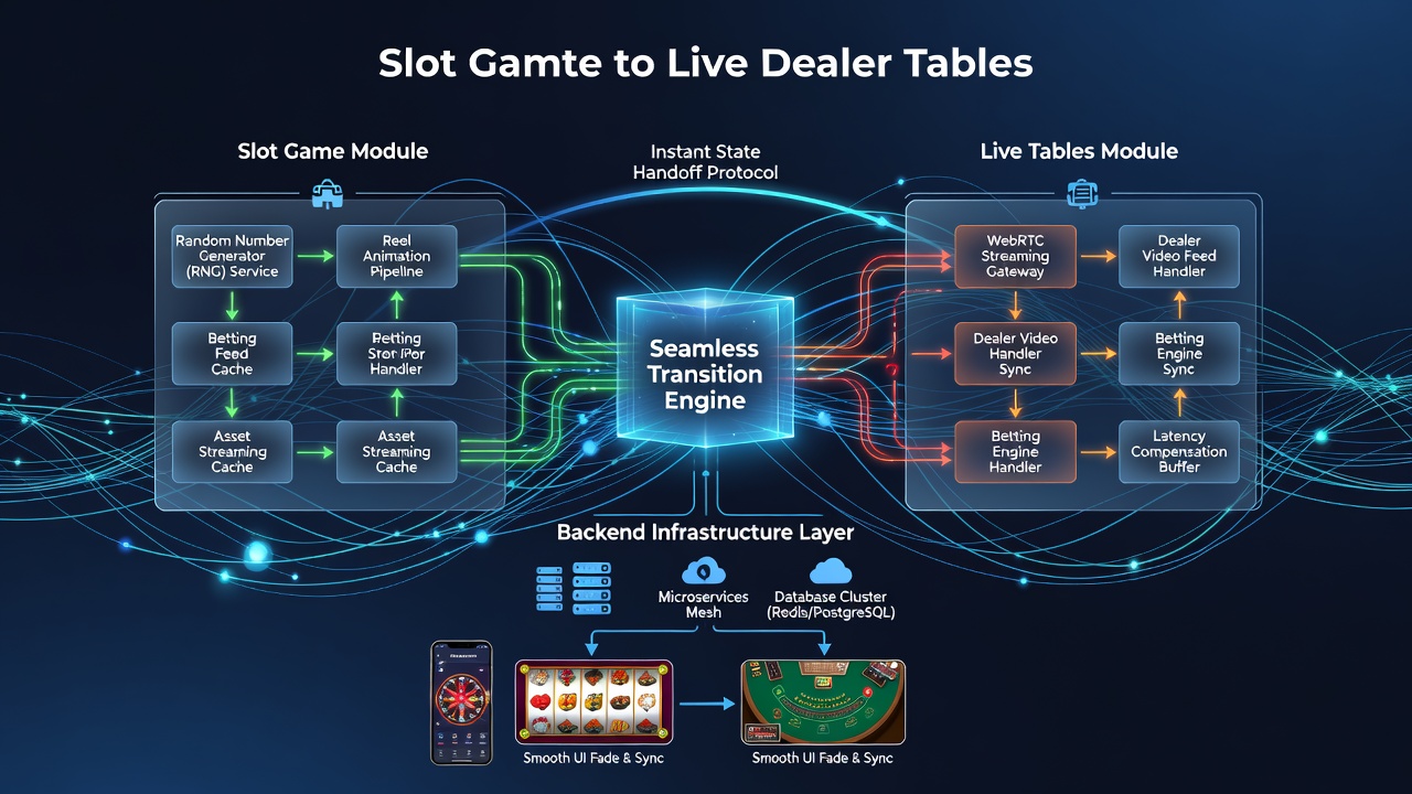 Screenshot of mobile interface showing transition between slot reels and live dealer table with synchronized balance display