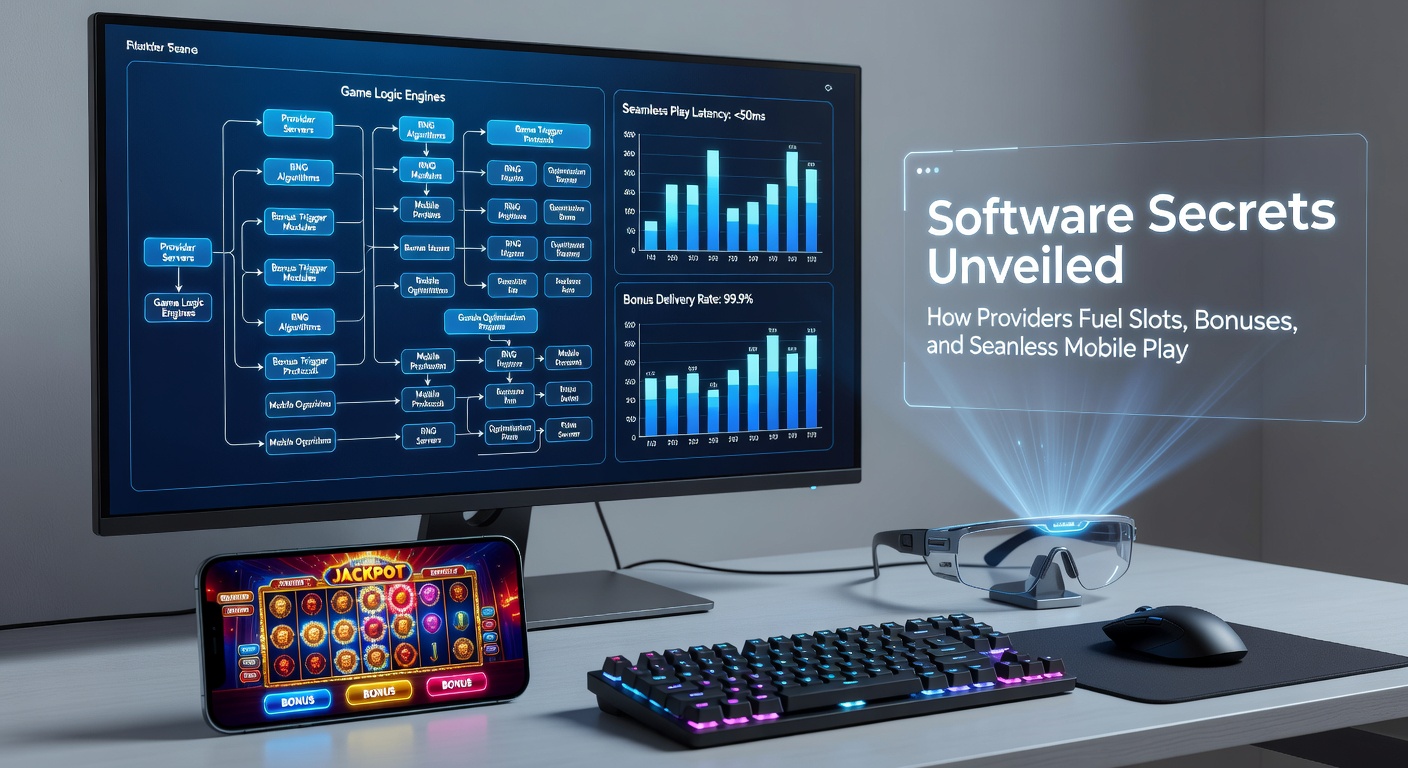 Close-up of slot bonus wheel activating free spins and multipliers, with code snippets and mobile responsiveness icons in the background