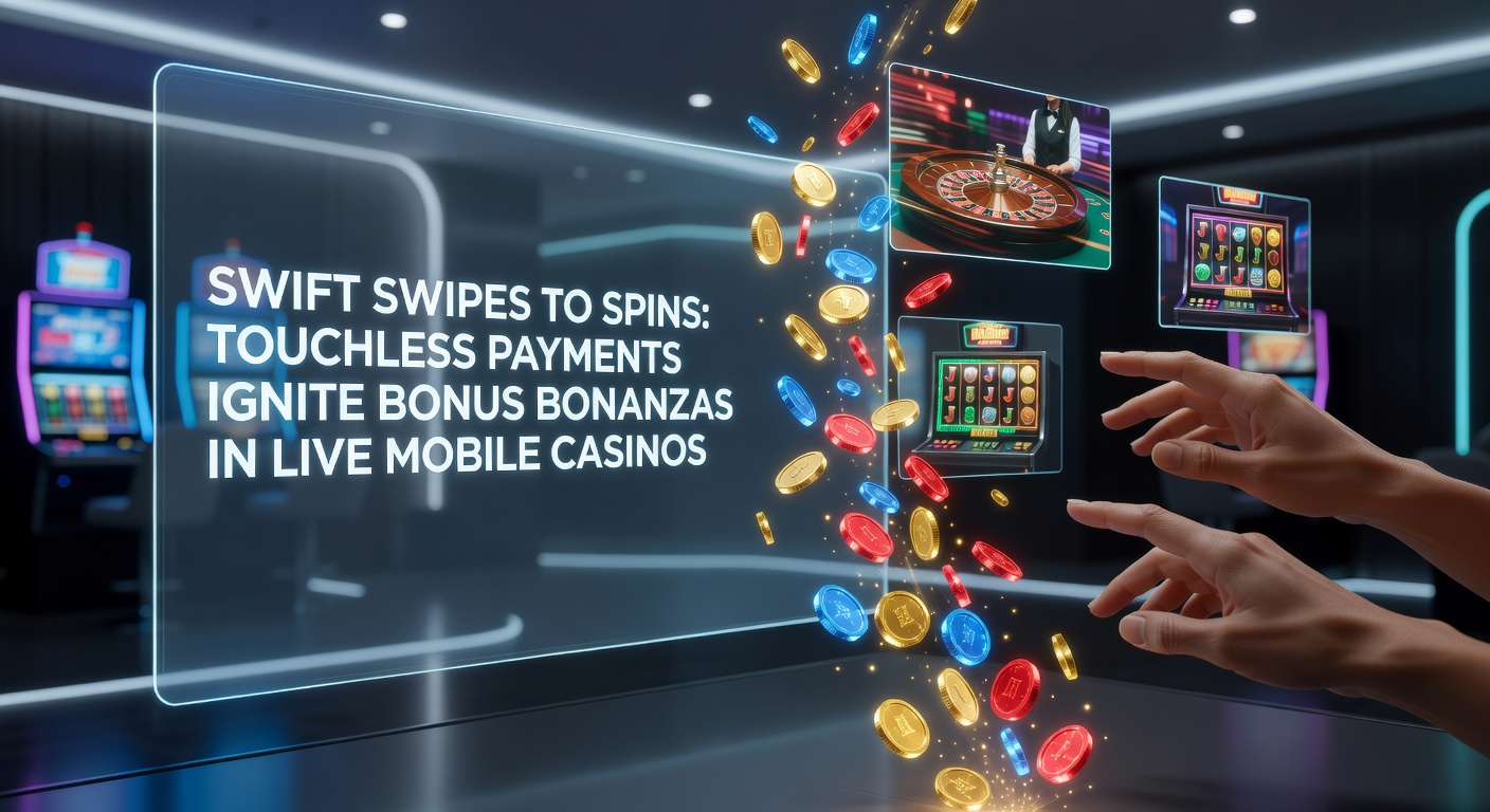 Close-up of a hand holding a phone near a contactless reader, with casino bonus notifications popping up on screen amid colorful slot symbols