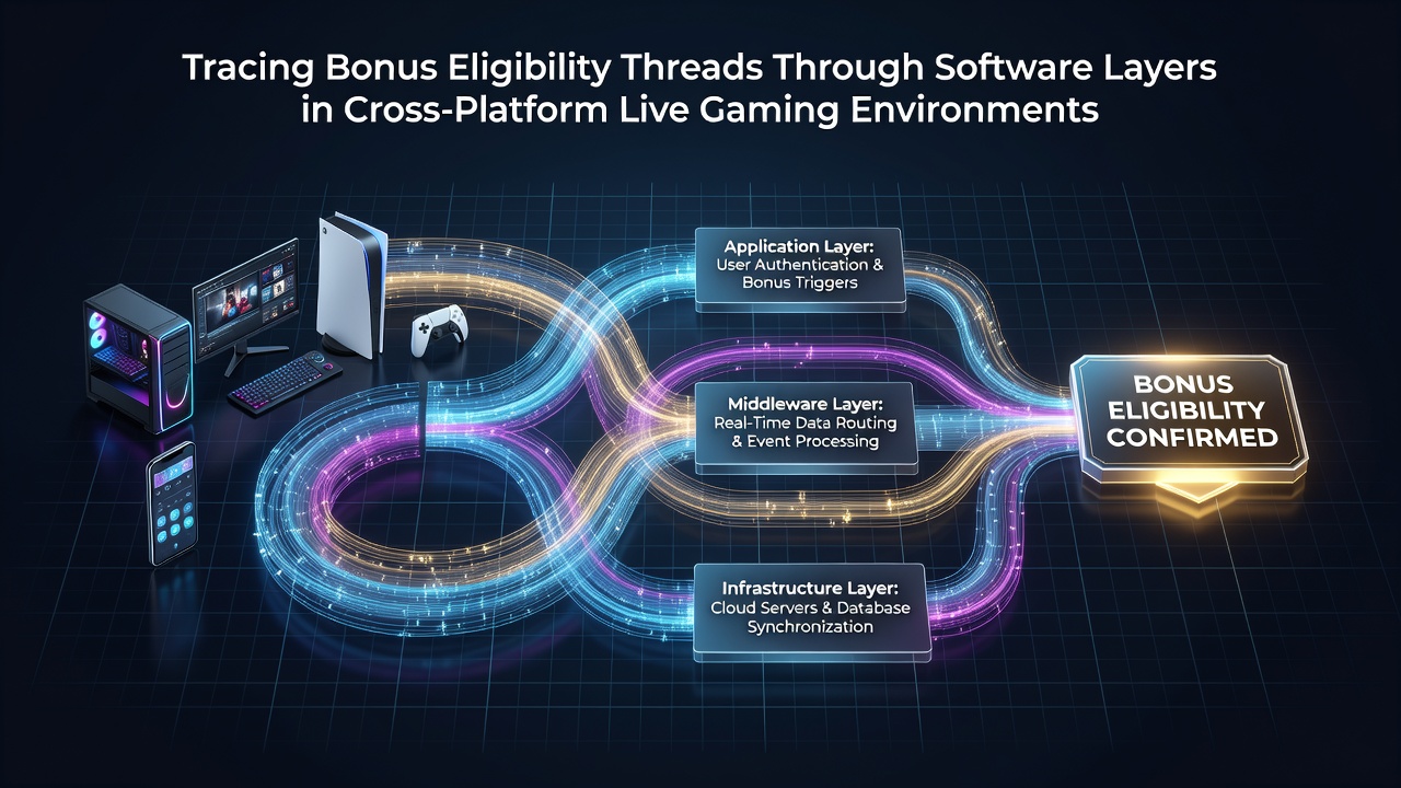 Illustration of data flow between mobile, desktop, and live dealer systems during bonus eligibility verification